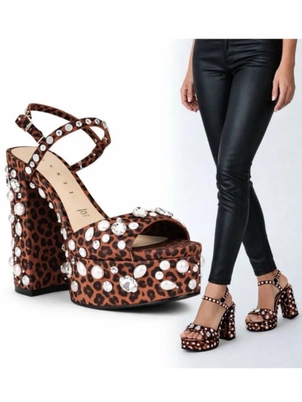 NWT Gianni Bini Calvan Two Leopard Jewel Ornamented Platform Dress Sandals